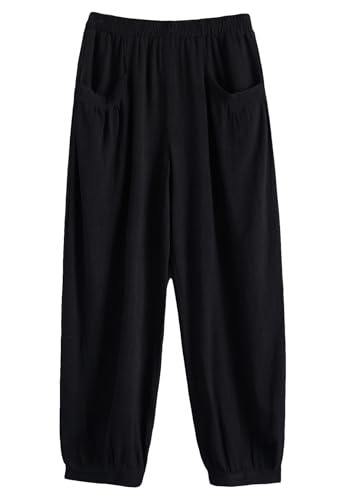 Minibee Women's Cotton Linen Tapered Cropped Pants Elastic Waist Trousers