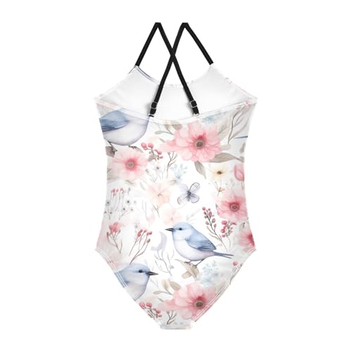 Flowers Floral Pink Bird Girls One Piece Swimsuit Beach Swimwear 208489422