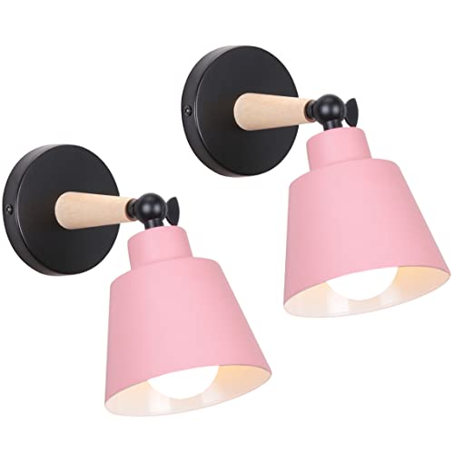 TOKIUS 2 Piezas Aplique de Pared Moderno, Lámpara de Pared para Dormitorio E27 Iluminación Interior Luz de Pared Simple en Madera y Metal Ajustable Lámparas para Salón Pasillo (Rosa, sin Interruptor)