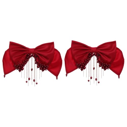 Bijoux de cheveux mariage : grand arc rouge avec perle gland pour dîner de fête