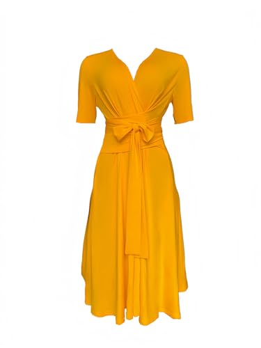 Image of Comfortable Dresses for Women Stretchy Flattering Fit Wrap Dress V Neck Short Sleeve Tie Waist Daily Wear Work Vacation