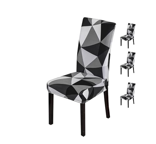 Image of Dining Chair Covers Set of 4, Stretchable Removable Washable Anti-Slip Universal Fit Printed Polyester Spandex Slipcovers (Black Triangle)