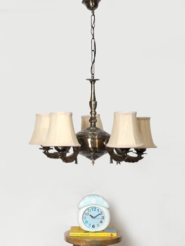 Image of Devansh 05-Light Conical Off-White Cotton Shade Chandelier - Antique Golden Finish | Adjustable Cord | Warm Glow Lamp - Ceiling Light for Living Room, Dining Area, Bedroom & Entryway Decor - D11