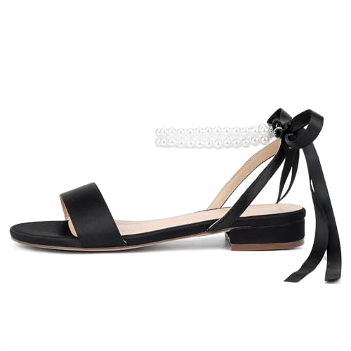 Image of Satin Wedding Flats for Bride Pearl Sandals Open Toe Bridal Shoes Flat Wedding Shoes for Bride