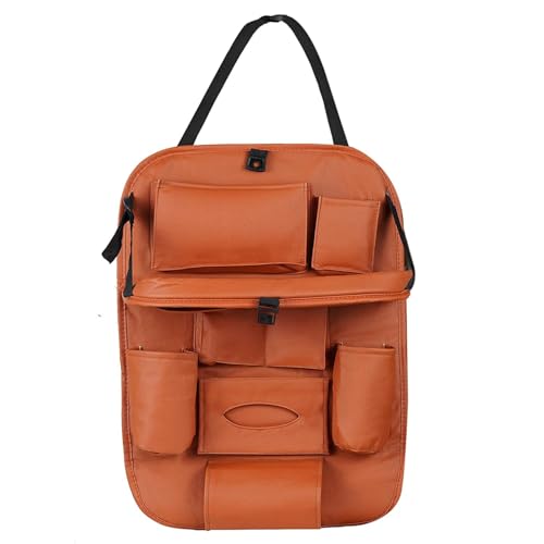 Car Backseat Organizer with Multi-Pockets β Leather Car Seat Back Protector with Foldable Table Tray β Travel Storage Bag for Kids & Adults β Universal Fit (Brown)