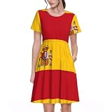 QHZLY Vestido de verano de manga corta para mujer, diseño floral, casual, acampanado, transpirable, de la bandera de España, Negro, S