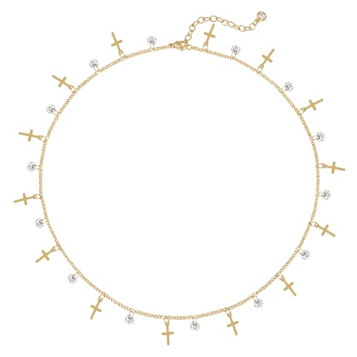 MTMY Gold Station Necklace for Women 14K Gold Plated Cubic Zirconia Cute Cross Heart Shell Teardrop Charm Station Choker Necklace Dainty CZ Chain Necklaces for Women Trendy Jewelry Gifts(Cross)