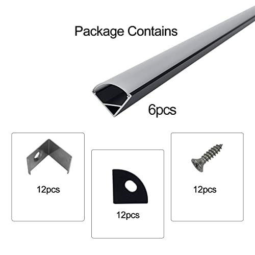 HAMRVL 6-Pack 30cm/1ft Led Channel Diffuser Black Aluminum with Mliky White Cover V Shape 16x16mm,Led Strip Diffuser Track with Mounting Clips Accessories,Aluminum Profile for Led Strip Lights