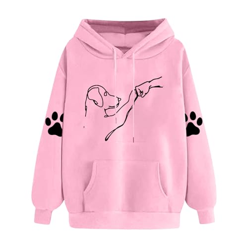 KOG Hoodie für Damen Baumwolle Sweatshirt mit Kapuze Hunde-Print Kapuzenpullover Basic Kleidung Teenager Mädchen Bekleidung Retro Langarmshirt Freizeit Frau Casual Slim Fit Oberteil Rosa XL