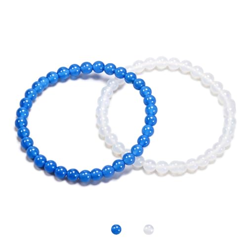 Aluckiss 6mm 2PCS Agate Bracelet for Women Men Natural Round Beaded Agates Stone Healing Stretch Bracelets Elastic Handmade Polished Gemstone Beads Bracelet White+Blue 2 Colors