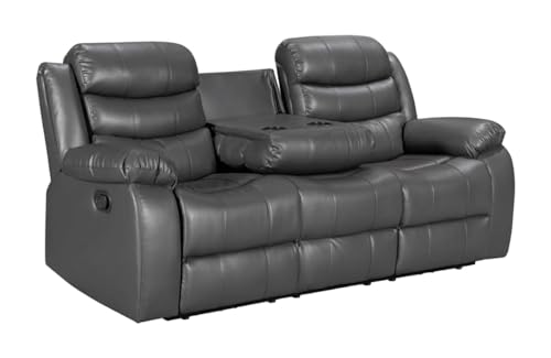 Canapé inclinable 3 places en cuir gris avec porte-gobelets – Canapé de relaxation moderne avec sièges inclinables et confort rembourré – 200 × 90 ×...