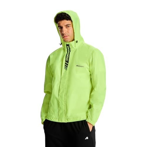 Image of Boldfit Storm Rider Waterproof Rain Jacket for Men & Women, Windproof Breathable Neon Green Riding Jacket with Hood, PU-Coated Zipper & Adjustable Fit for Bike, Cycling, Trekking & Outdoor Use