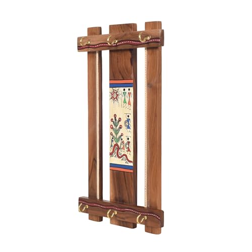 Image of AAKRITI ART CREATIONS Key Holder, Tribal Harmony Key Hanger | Rustic Teak Wood Wall Organizer with 6 Hooks | New Home Gifts | Multifunctional Entryway Decor Item