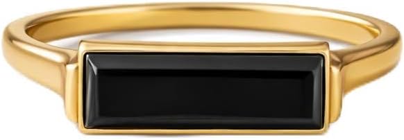 Minimalist Black Onyx Baguette Ring for Women 14K Yellow Gold Bar Ring Modern Bezel Set Statement Ring Handmade Jewelry Gift For Her