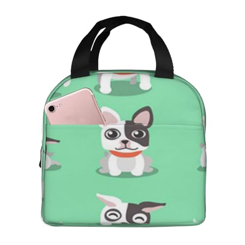 断熱ランチバッグ 大容量 防水 熱漏れ防止 スタイリッシュで丈夫 仕事、学校、アウトドア活動に便利 男女兼用 (茶色の犬の漫画のキャラクター フレンチブルドッグのポーズ 子犬 かわいい 睡眠 笑顔 ブラック)