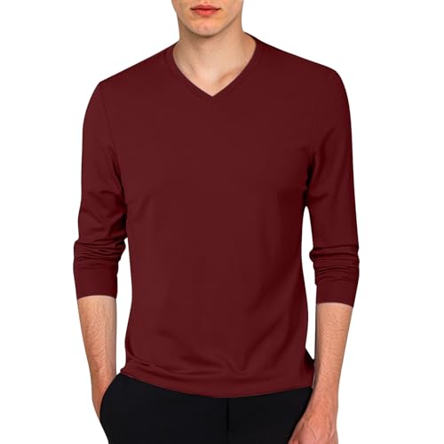 T Shirt Manche Longue Homme Col en V- T Shirt Grande Taille Décontracté Couleur Unie Chic Slim Fit Confortable Passe-Partout Haut Simple De Tous Les Jours Léger Doux...