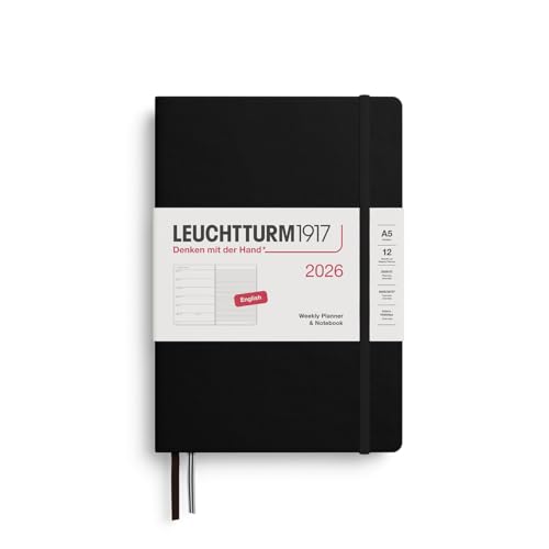 LEUCHTTURM1917 372650 agenda semanal y cuaderno de notas Medio (A5) 2026, Negro, Inglés