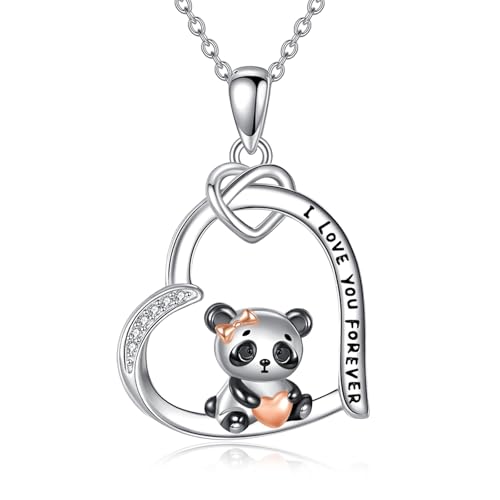 Panda Necklace S925 Sterling Silver Heart Panda Pendant Necklaces Animal Jewelry Gift for Women Pandas Lovers Mom Wife