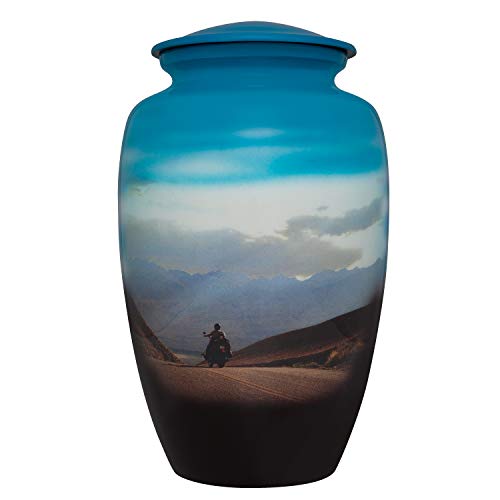 Motorcycle Funeral Urn with Desert and Mountain Scene - Cremation Urn for Human Ashes - Aluminum -Suitable for Cemetery Burial or Niche - Large Size fits remains of Adults up to 200 lbs