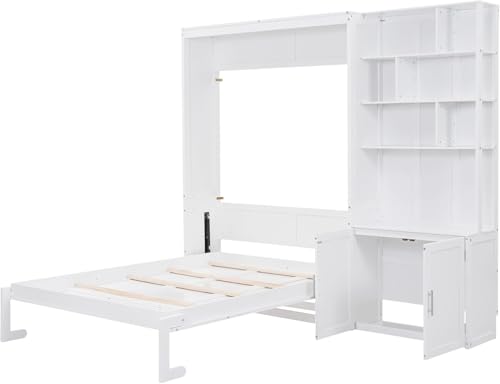 MERITLINE Full Size Murphy Bed with Bookcase Shelves and Storage Cabinet, Wood Folding Murphy Wall Bed Cabinet - Thumbnail 4