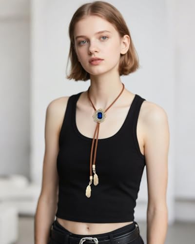 Image of PEARLY JUN Bolo Tie for Men Women Rhinestone Cowboy Brown Country Style Handmade Leather String Rodeo Festive Days Gifts