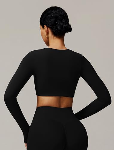 Image of ABOCIW Women Square Neck Long Sleeve Workout Crop Top Low Medium Impact Athletic Yoga Gym Shirts with Built in Bra(ONLY TOP)
