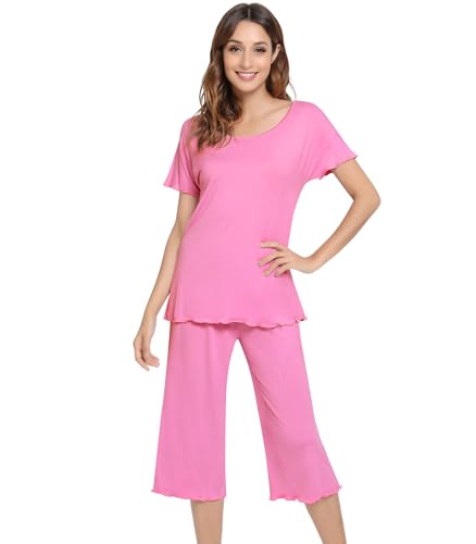 Image of NACHILA Women's Bamboo Viscose Pajama Sets Summer Cooling Short Sleeve Capri Soft Pjs Night Sweats Moisture Wicking Sleepwear