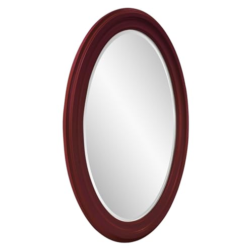 Image of Howard Elliott Collection George Oval Glossy Burgundy Wall Mirror, Oval Bevelled Hanging Wood Framed Vanity Mirrors for Home Decor, Living Room, Bathroom, Bedroom, or Hallway, 25 x 33 Inch