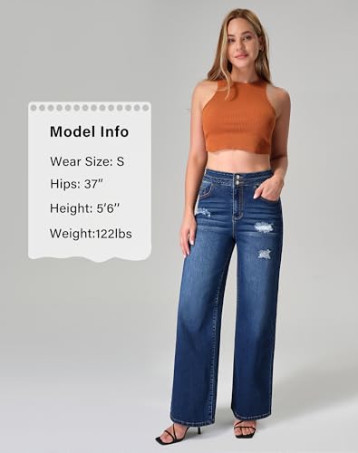roswear Stretchy Loose Jeans for Women Wide Leg High Waisted Baggy Denim Distressed Pants4