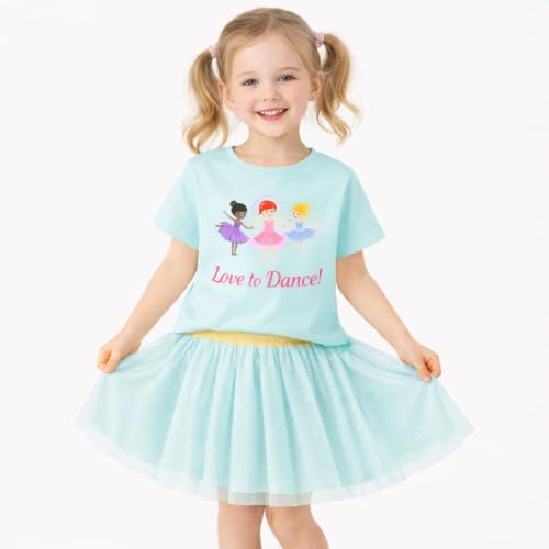 Image of HILEELANG Girls Skirt Set 2 Piece Outfit Cotton Tee Tulle Skirt Set | Soft Cotton Tee, Applique Detail, Layered Tulle Skirt with Lining, Lightweight Comfort for Toddler Little Girls