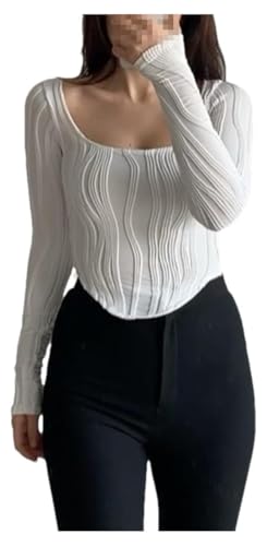 Women's Square Neck Long Sleeve Crop Top White Vintage Y2K