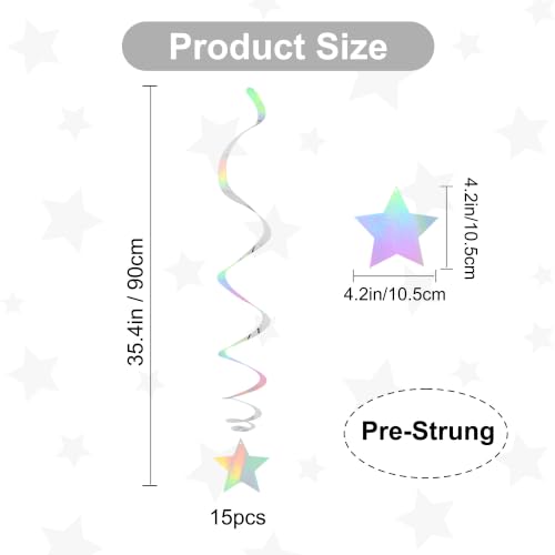 Image of BEISHIDA Silver Stars Iridescent Hanging Swirls Pre-Strung Stars Hanging Decorations for Baby Shower Wedding Birthday Party Decorations Supplies,Pack of 15