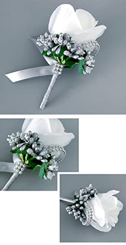 Pack of 4 Wedding Corsage with Badge Pin Silk Ribbon,Artificial Rose Flower Wedding Brooch,Wedding Accessories,Bridal Accessories,Boutonniere for Weddings,Banquets,Anniversary Dates (White and Gold) - Image 3