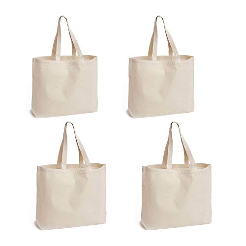 Natural Canvas Tote Bags, 4 pcs Reusable 24oz Shopping Bag DIY pattern for Crafting and Decorating Sturdy Washable Grocery Tote Bag (Beige)