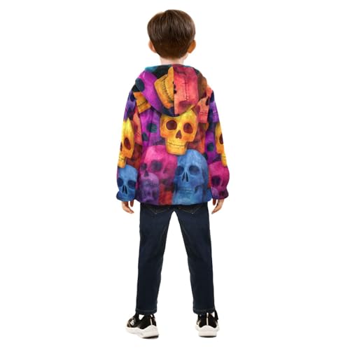 Skull Pattern Colorful Toddler Fleece Jacket Girl Boys Hooded Fleece Jacket Coat Warm Outwear Zip-up 3-10T4
