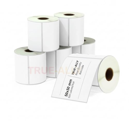 Image of True-Ally 6 Pcs 50x50 Direct Thermal (DT) Square Barcode Label Sticker - 2 x 2 inch -50mm x 50mm - 500 Labels /Roll - White Self Adhesive for Printing Barcoding Labels (Pack of 6)