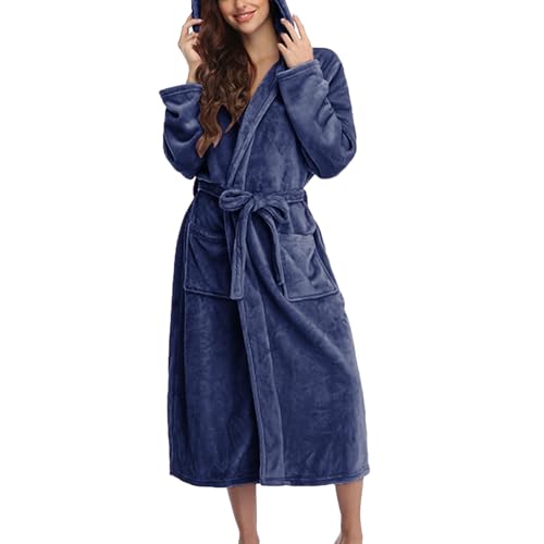 cfpqv Albornoz para mujer, XXL, talla grande, ligero, manga 3/4, bata con capucha, pijama mullido, pijama de manga raglán, bata con bata, ropa de noche larga, ropa de dormir, ropa de salón, marine, S
