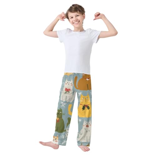 Cat Xmas Snow Boys Long Pants Soft Trousers Elastic Waist Kids Lounge Bottoms with Pockets S-XL3