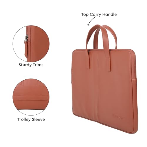 Image of BonKaso Slimline 14 Inch Laptop Sleeve | PVC Foam Leather Water Resistant Padded Laptop Cover | Slim Lightweight Laptop Case with Handle for Office Travel | Laptop Sleeve for Men & Women - Tan