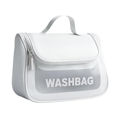 Image of Cosmetic Bag for Women, PU Leather Makeup Pouch, Large Capacity Travel Makeup Organizer with Divider & Handle, Waterproof Portable Vanity Storage Bag for Toiletries (Washing Bag-White)