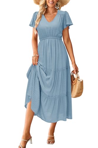 Image of VOTEPRETTY Women's 2026 Summer Boho Maxi Dresses Flutter Short Sleeve V Neck Casual Beach Wedding Guest Vacation Long Dress