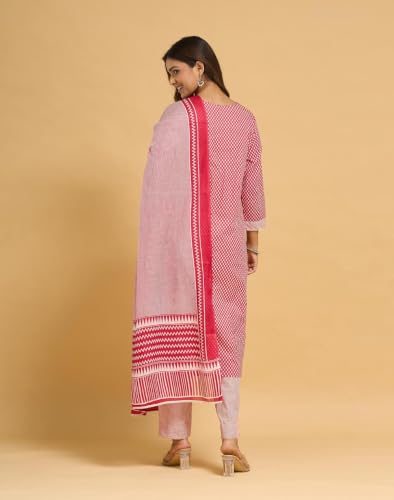 Image of Fabnu by Fabindia Women's Cotton Embroidered Kurta Pant Dupatta Set