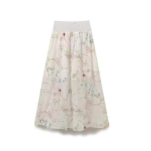 Women's Vintage Floral Embroidered High Waist Aline Midi Skirt Summer2