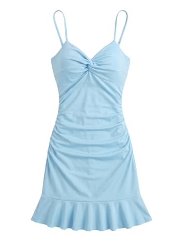 Image of Floerns Women's Summer Tropical Twist Front Ruched Ruffle Hem Bodycon Cami Dress