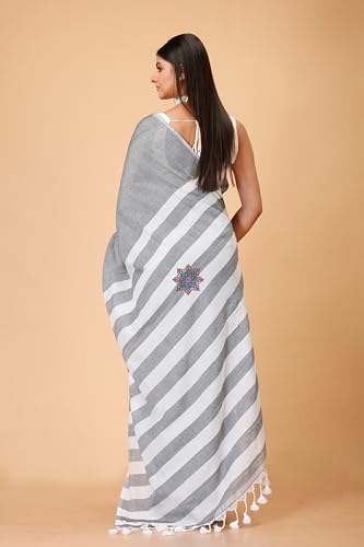 Image of OISHANI SAREE GHOR Women's Bengal Premium Cotton Saree with Blouse Piece | Traditional White Striped Pallu Pattern | Soft Lightweight Ethnic Saree for Daily Ware