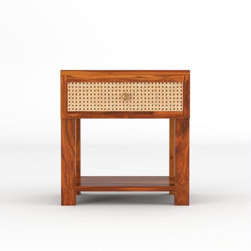 Image of Solid Sheesham Wood Bedside Table with Cane Rattan Drawer & Open Storage Shelf | Wooden Nightstand for Bedroom, Living Room & Guest Room (Honey Finish)