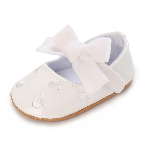 Image of Clowora Infant Toddler Baby Girl Dress Shoes Mary Jane First Walking PU Leather Princess Wedding Rubber Sole Non-Slip with Bowknot Floral Flats