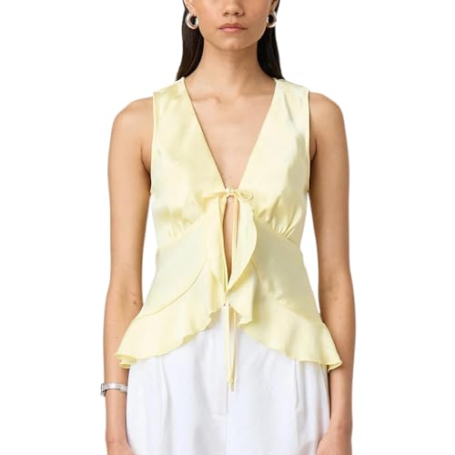 Women Fashion Satin Vest Sleeveless Lace Up Front Ruffle Hem Tank Top Solid Color Tie Camisole Going Out Top