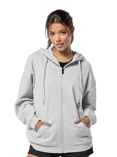 Image of DROBE Relaxed Fit Plain Cotton Blend Full Sleeves Hodded Zipper Jacket for Women