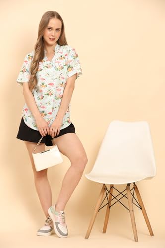 Image of Womens Casual Shirt Soft Beach Shirts Floral Tropic Print V Neck T-Shirt Short Sleeve Button Up Tops